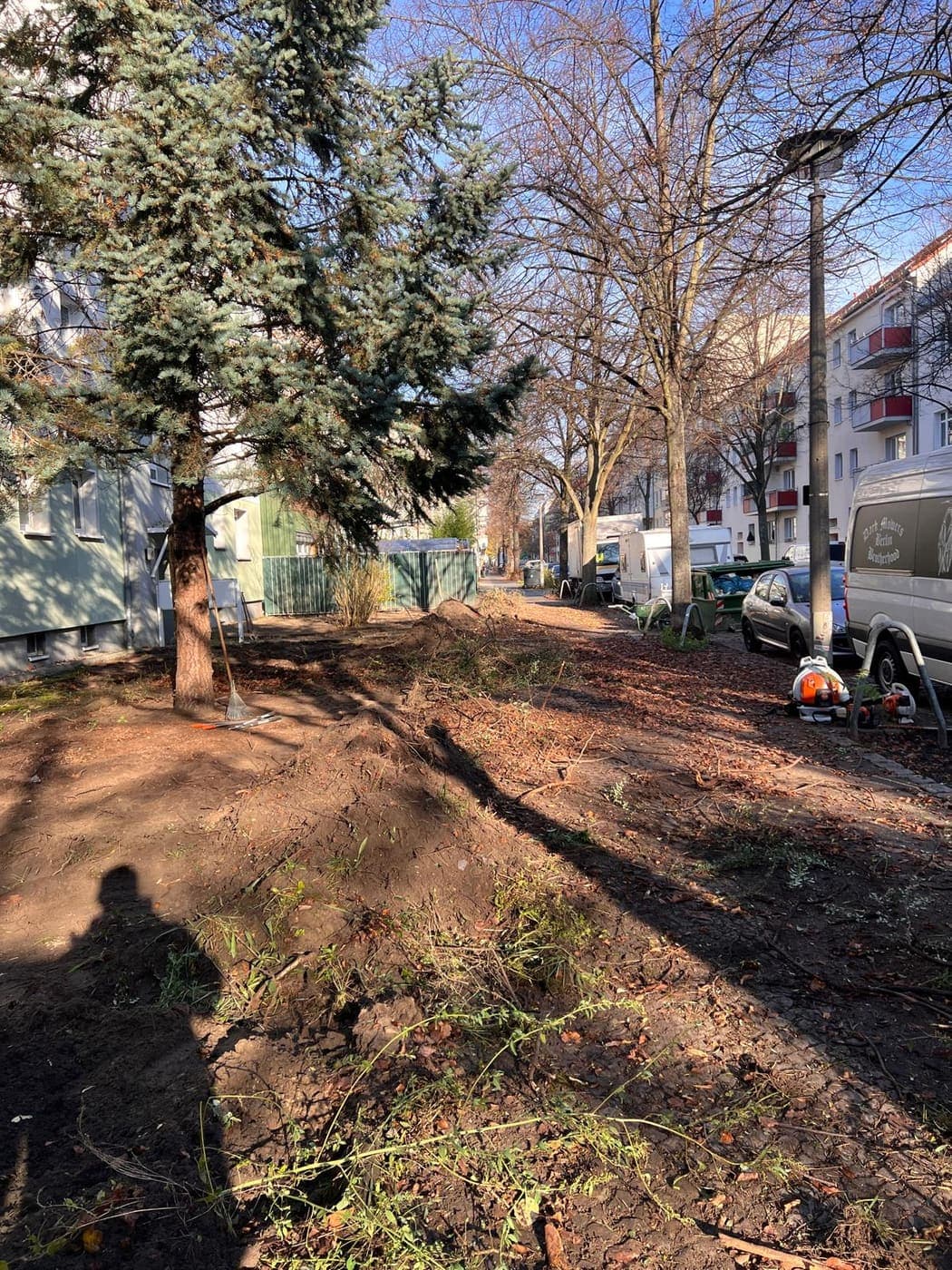 Arbeiten im Grünstreifen einer Berliner Wohnstraße mit Blaufichten, Firmentransporter und Laubbläsern