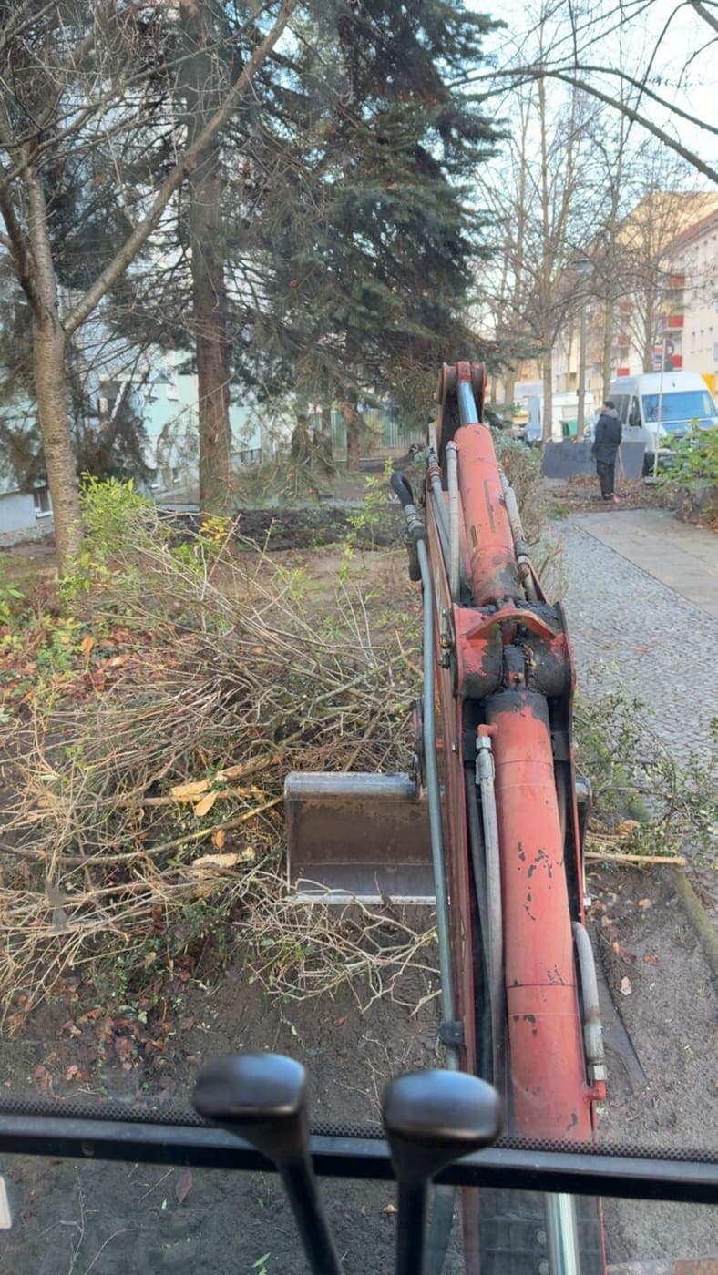 Blick aus der Baggerkabine über den roten Ausleger auf einen Grünstreifen mit aufgeschichtetem Schnittgut