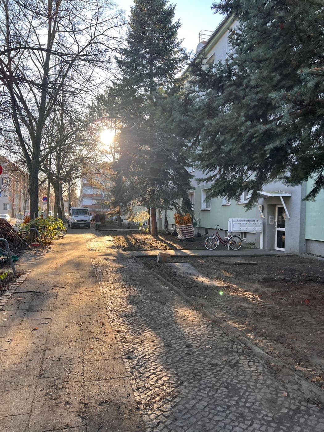 Berliner Wohnstraße mit Blaufichte und frisch bearbeiteten Beeten entlang der Fassade im Gegenlicht